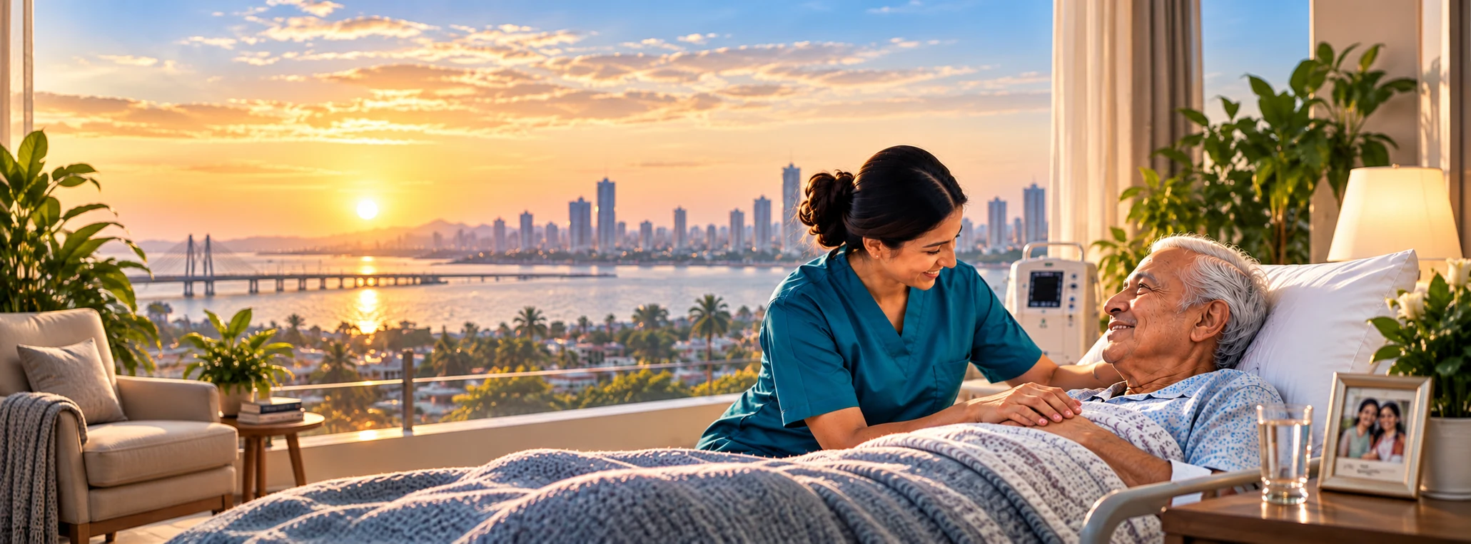 Lyfrr™ caregiver supporting an elderly patient at home during sunset